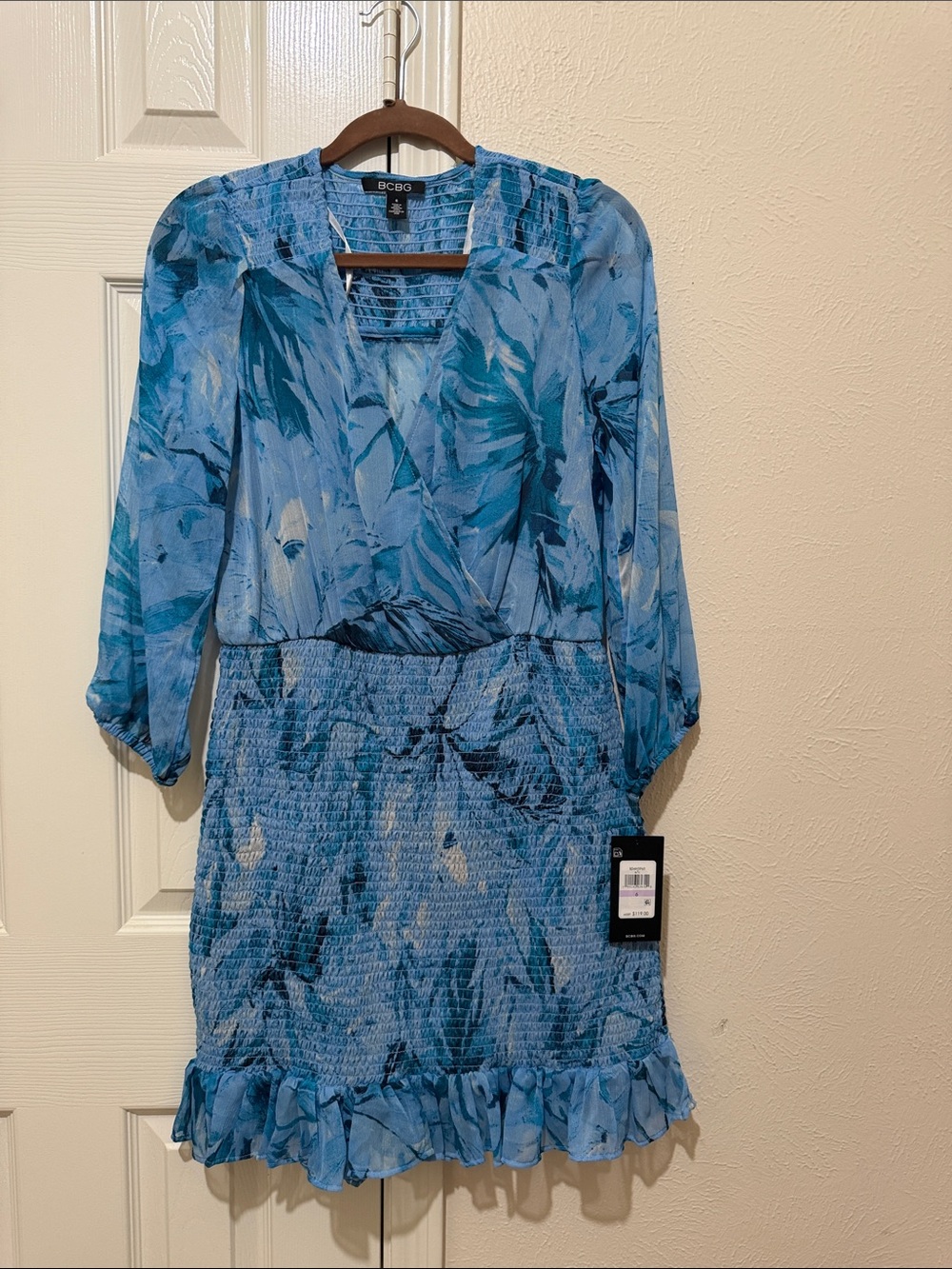 BCBG Blue Floral Wrap-Style Smocked Waist Long Sleeve Dress